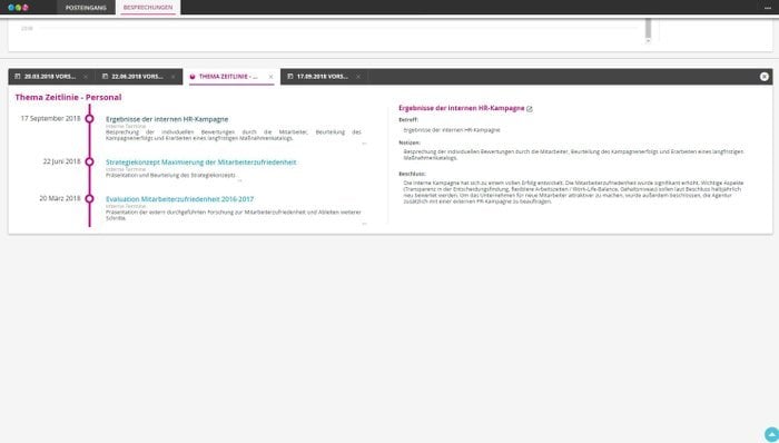 Über die thematische Sortierung erhalten die Teilnehmer einen Überblick über relevante Beschlüsse vergangener Sitzungen in Form einer Timeline.