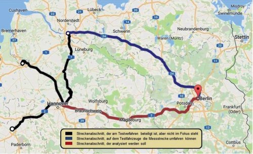 Beispielhafter Verkehrsfluss zwischen Hamburg, Bremen, Bielefeld und Berlin. (Kartendaten © GeoBasis-DE/BKG [©2009] Google).