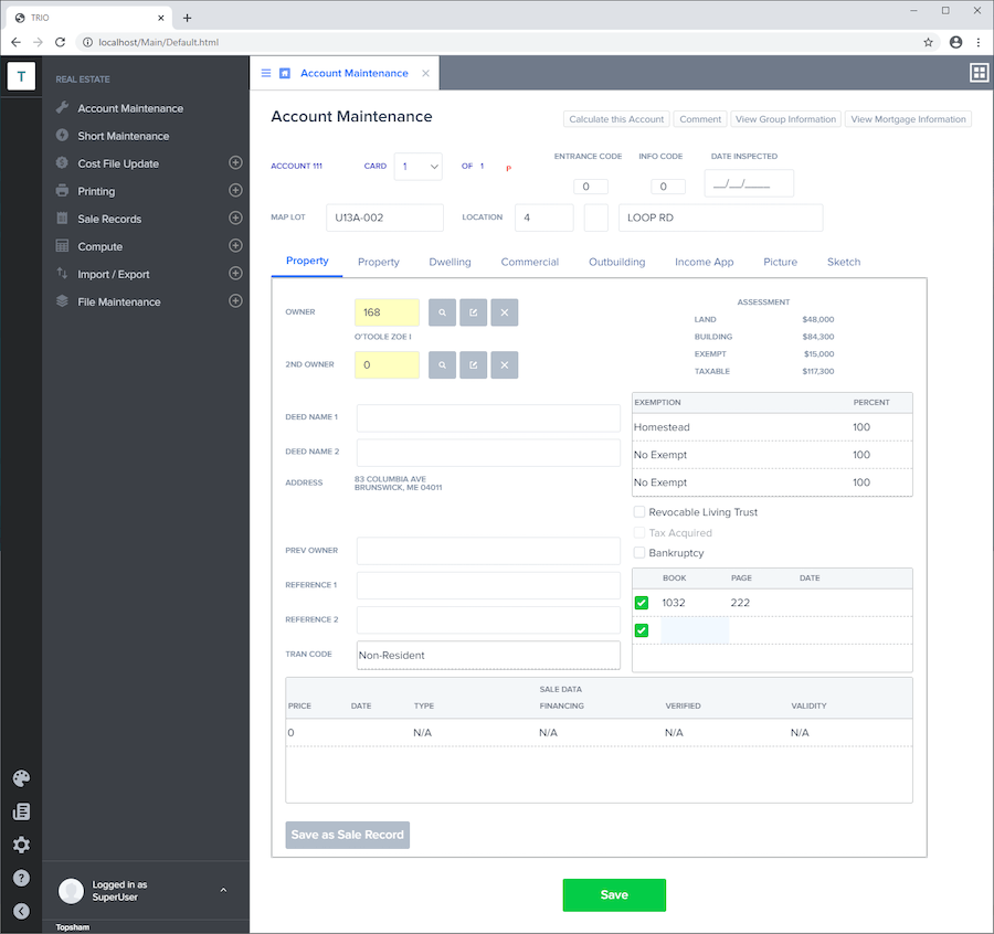 Harris Account Maintenance screen Wisej