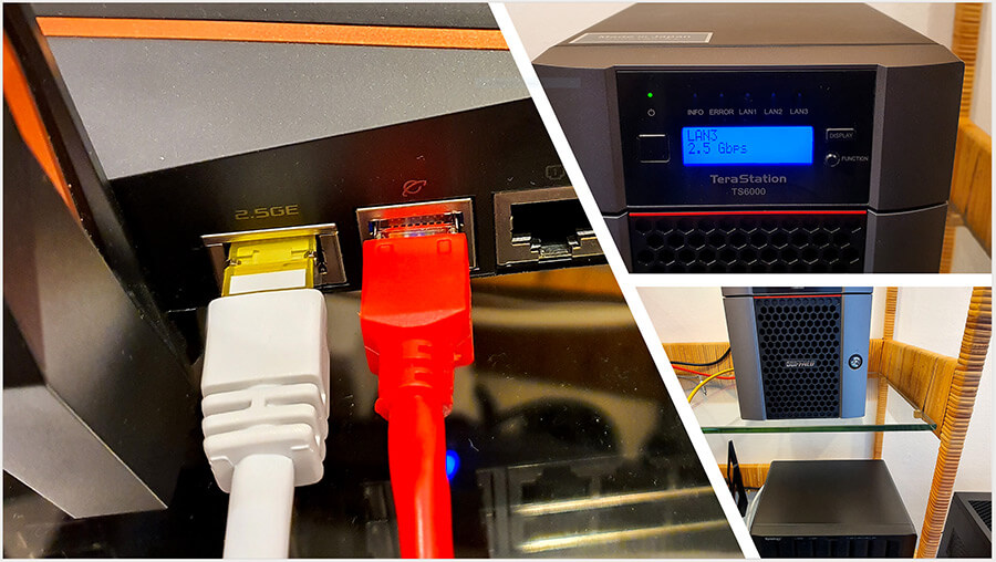 Buffalo TS 6400DN 1604 EU im Wi-Fi-6-TEST: Das Multi-Gbit-Auto-Sensing der Terastation hat den 2,5-GbE-Port des Wi-Fi-6-Routers Asus AX 11000 (links im Bild) richtig erkannt und im NAS-Display (rechts oben) auch richtig bestätigt (Fotos: Harald Karcher).