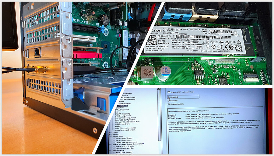 Links im Bild der Dell-PC mit einer roten 10-GbE- Karte und einer schwarzen WiFi-6-Karte. Rechts oben: Eine flotte NVMe-M2-2280-SSD von Micron. Rechts unten: Die Werks-verbaute 1-Gbit-LAN-Karte haben wir im BIOS des Dell-Rechners deaktiviert (Bild: H. Karcher).