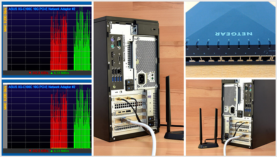 Hier waren zwei schwarze Dell-PC mit ihren 10-Gbit-LAN-Karten über den dunkelblauen 10-Gbit-Switch von Netgear miteinander verbunden. So konnten wir große Dateien mit Peaks bis zu 9.000 Mbit zwischen den beiden PCs übertragen (Bild: H. Karcher).