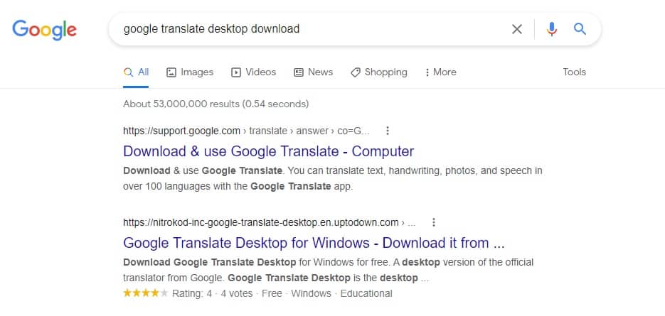Image 1: Top results when searching for a Google Translate desktop version