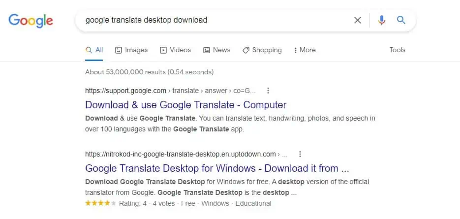 Bild 1: Top-Ergebnisse bei der Suche nach einer Google Translate Desktop-Version