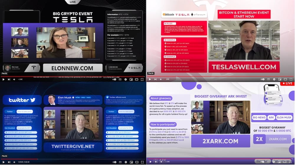 Bilder von gefälschten YouTube-Videos zu Kryptowährungen