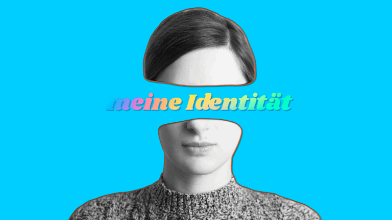 Frau vor blauem Hintergrund, Augen verdeckt mit dem Text "meine Identität"