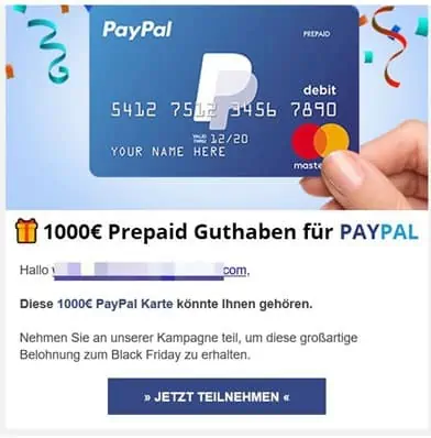 Bild 2 bis 5: Screenshots einer Kampagne für eine gefälschte Paypal-Karte über einen Wert von 1000 Euro. (Quelle: Bitdefender)