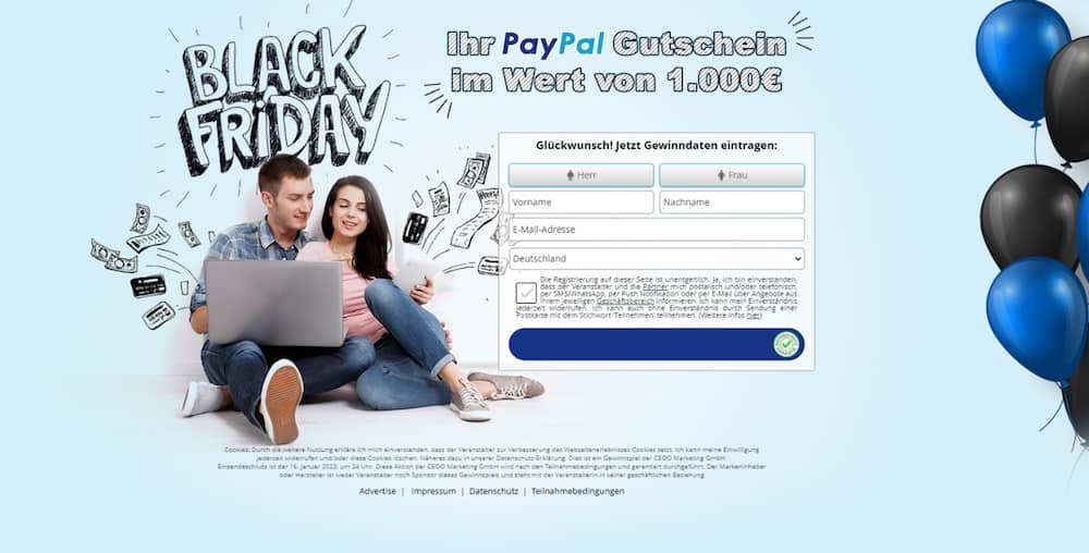 Bild 2 bis 5: Screenshots einer Kampagne für eine gefälschte Paypal-Karte über einen Wert von 1000 Euro. (Quelle: Bitdefender)