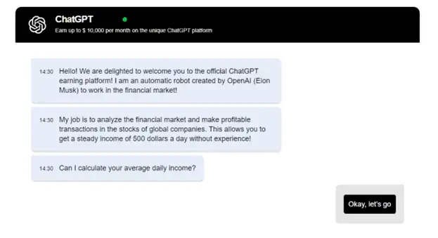 Chat mit dem gefälschten Bot, der vorgibt die Finanzmärkte zu analysieren.
