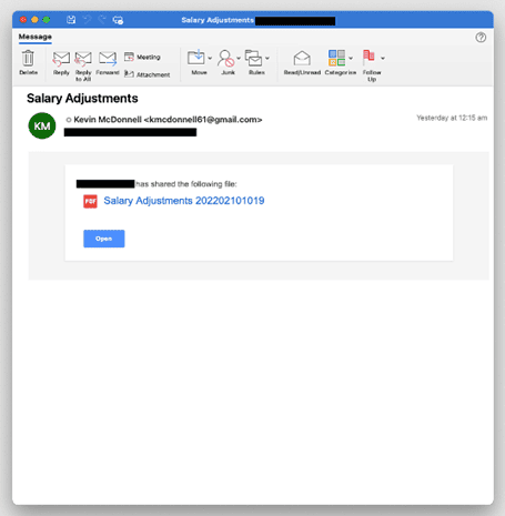 KMU und regionale MSP geraten verstärkt ins Visier staatlich gelenkter Hackergruppen 1 Bild 3: Beispiel für eine TA444-E-Mail, die mit dem Köder Gehaltserhöhung lockt.