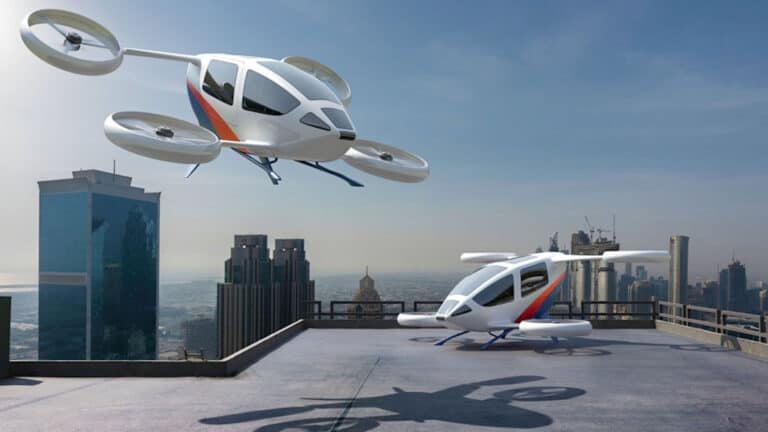 Am Himmel sieht man die Zukunft von E-Fahrzeugen 1 eVTOL Flugzeug Drohne E-Fahrzeug