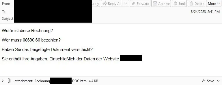 Eine deutschsprachige E-Mail zur Verbreitung von Ransomware im Rahmen der aktuellen Knight-Kampagne.