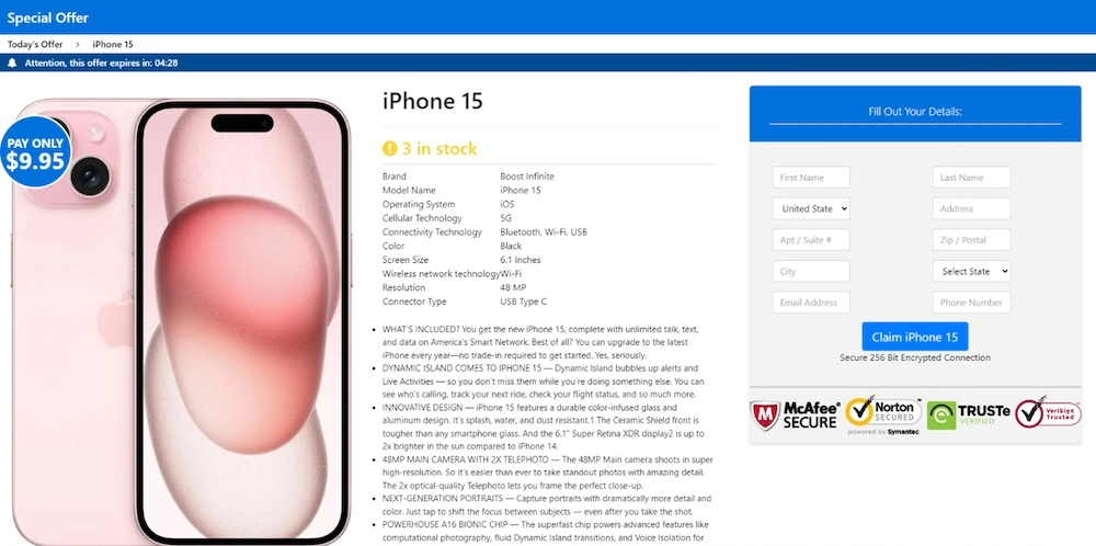 Zu schön, um wahr zu sein: Ein iPhone 15 für ganze 9,95 Euro Liefergebühr im von geklonten Prominenten-Deepfakes beworbenen Angebot.