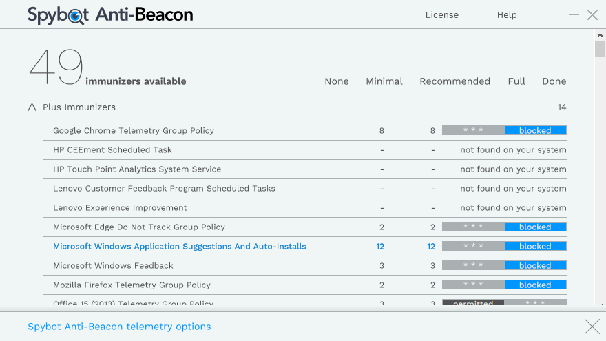 Warum Spyware-Tools notwendig sind 1 Beispiel für eine Immunizer-Liste von Anti-Beacon auf einem PC.