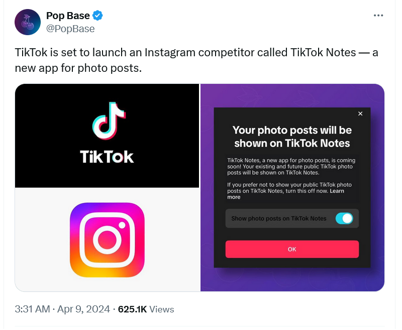Screenshot 2024 04 09 at 13 32 44 Pop Base on X TikTok is set to launch an Instagram competitor called TikTok Notes — a new app for photo posts. https t.co JzrmkBowaY X