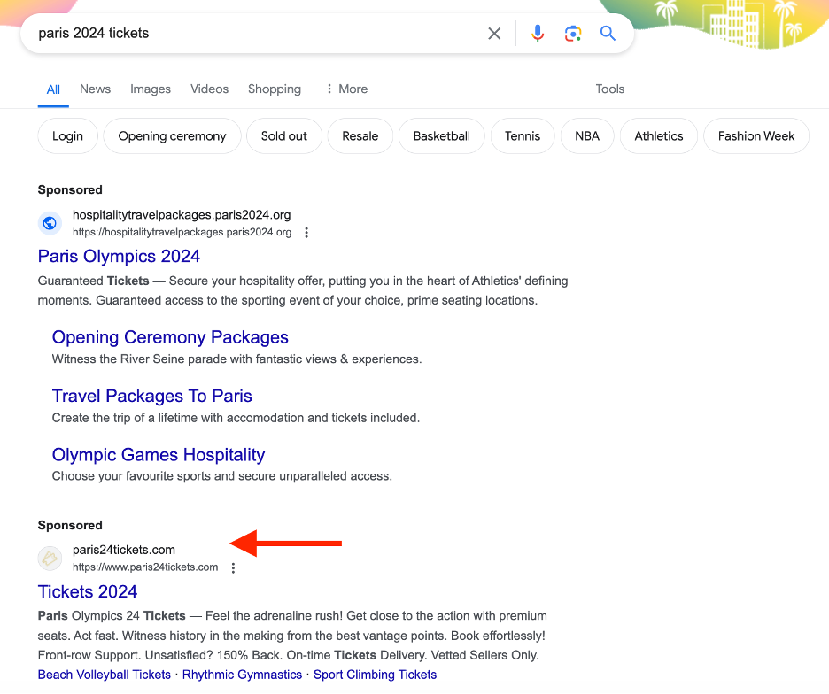 Google-Ergebnis für „Paris 2024 Tickets“ einschließlich der betrügerischen Domain als gesponserter Werbung