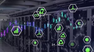 Rechenzentrum: Racks, grüne Eco Symbole, Data Center, Rechenzentren