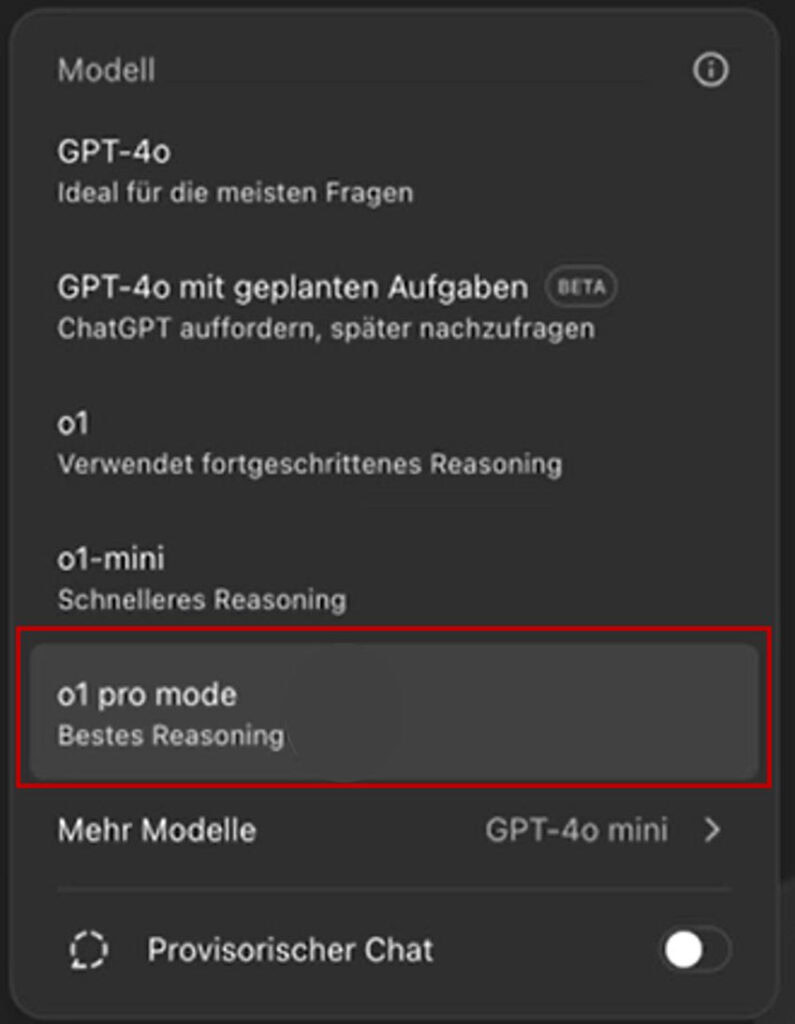 Der Screenshot zeigt einen Ausschnitt des Bildschirms, der darstellt, welche Version von ChatGPT man nutzt. Die Betaversion der Funktionalitäten von ChatGPT Operator ist in Deutschland noch nicht offiziell verfügbar.