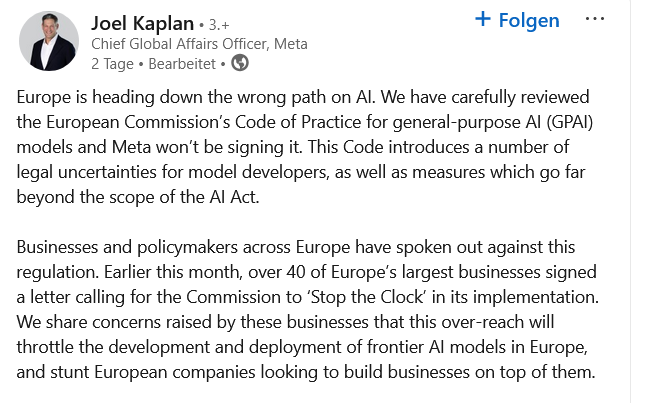 Meta does not sign EU AI Code of Conduct 1 Joel Kaplan Linkedin