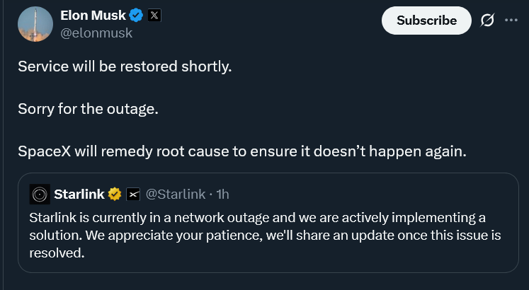 Massive Starlink outage: users worldwide affected by disruption 1 Screenshot 2025 07 24 at 23 27 08 Elon Musk on X Service will be restored shortly. Sorry for the outage. SpaceX will remedy root cause to ensure it doesnt happen again. X