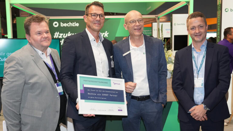 Bechtle ist jetzt Expert-Partner von genua 1 Erfolgreiche Zusammenarbeit (v.l.n.r.): Bernd Quiring (Vertriebsleitung Public, genua GmbH), Marc Tesch (Geschäftsführer genua GmbH), Steven Handgrätinger (Bereichsvorstand Public Sector, Bechtle AG), Thomas Teitge (Mitglied der Geschäftsleitung Bechtle IT-Systemhaus Bonn) (Bildquelle: Bechtle AG)