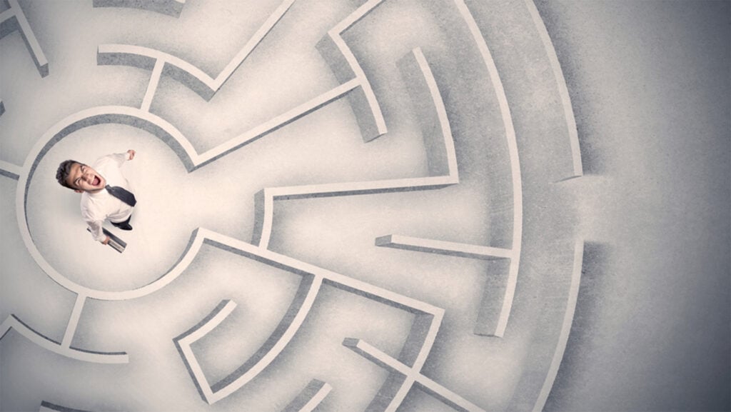 Manager, Labyrinth, Ausweg, verwirrt, Lösung Herausforderung