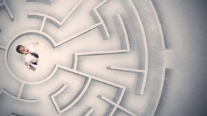 Manager, Labyrinth, Ausweg, verwirrt, Lösung Herausforderung