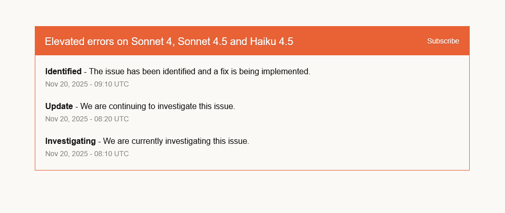 Claude down: Anthropics Modelle kämpfen mit Fehlerraten 1 Screenshot 2025 11 20 at 10 38 51 Claude Status