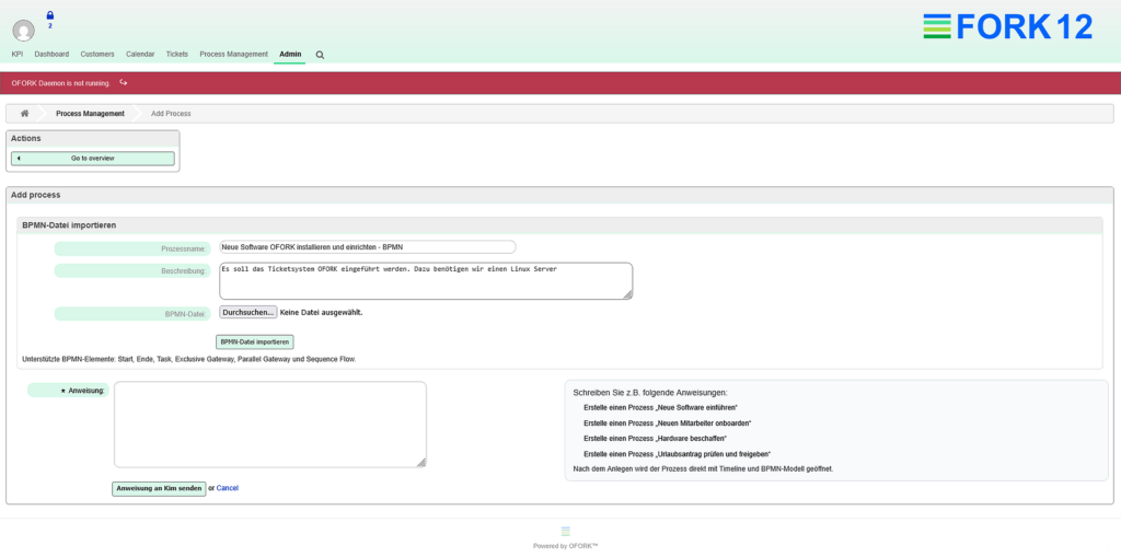 IT-Support ohne Klickstrecken: Wie Agentic AI Ticketprozesse operativ steuert 1 Bild 1: Prozessmanagement: BPMN-Prozess hinzufügen und BPMN-Datei importieren