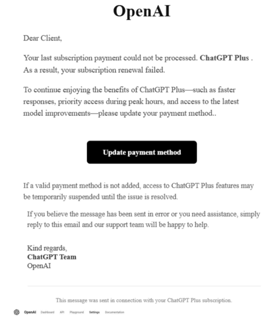 OpenAI steigt erstmals in Top 10 der imitierten Marken auf 2 Gefaelschte E Mail zur Aktualisierung der Zahlungsmethode einer vermeintlichen Rechnung von ChatGPT Plus