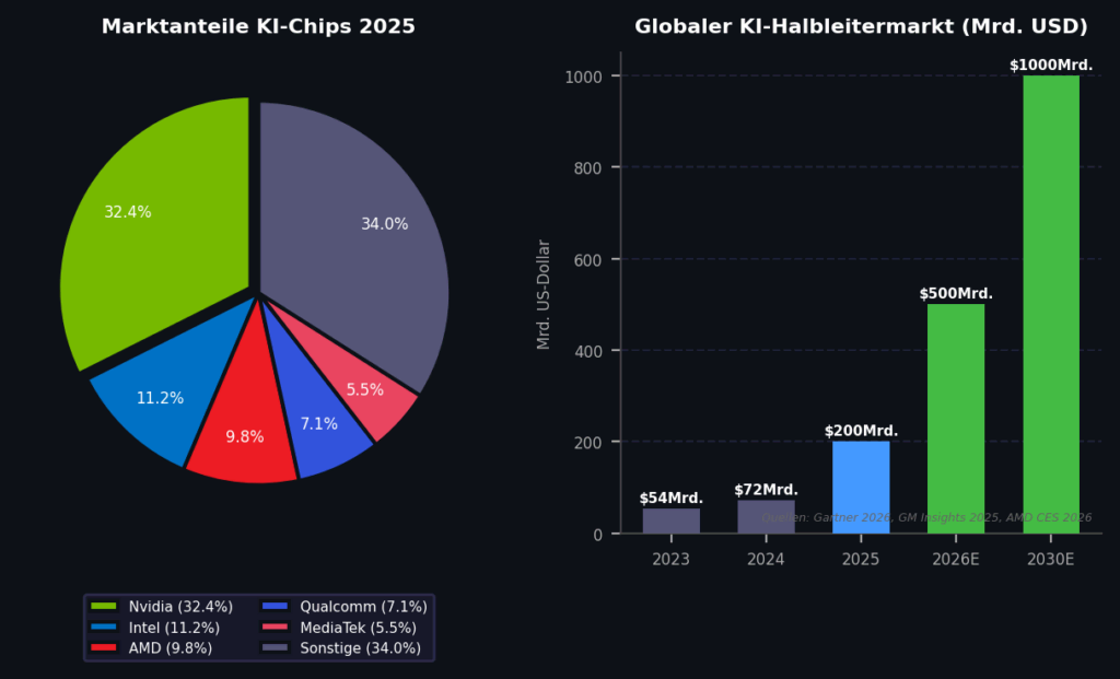 KI-Chips und Architekturen: Wer holt Nvidia vom Thron? 2 Bild 1: Marktanteile der führenden KI-Chip-Anbieter 2025 (links) und Wachstum des globalen KI-Halbleitermarkts in Mrd. USD (rechts). (Quellen: Gartner 2026, GM Insights 2025, AMD CES 2026)