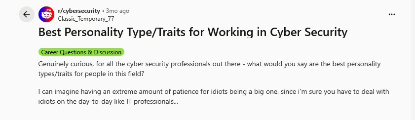 Welche Persönlichkeitsmerkmale ideal für die Cybersecurity sind 1 Reddit Screenshot