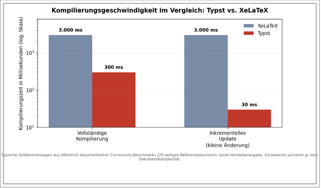 Typst: Die LaTeX-Alternative im Praxistest 1 Bild 1: Kompilierungszeiten im Vergleich (schematische Größenordnungen, log. Skala). Typst reduziert insbesondere inkrementelle Updates auf Werte im niedrigen zweistelligen Millisekundenbereich, während XeLaTeX stets vollständig neu rechnet. (Quelle: eigene Darstellung auf Basis öffentlicher Community-Benchmarks.)