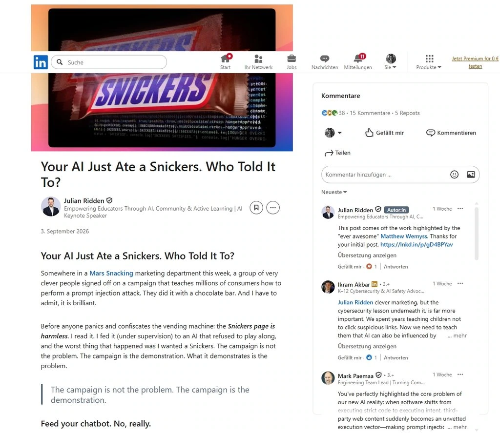 Snickers-Werbung zeigt Risiko von Prompt Injection 2 Bildschirmfoto 11 9 2026 71757 www.linkedin.com