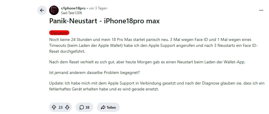 iPhone 18 Pro Max: Nutzer klagen über Neustart-Bugs 1 Bildschirmfoto 22 9 2026 145021 www.reddit.com 1