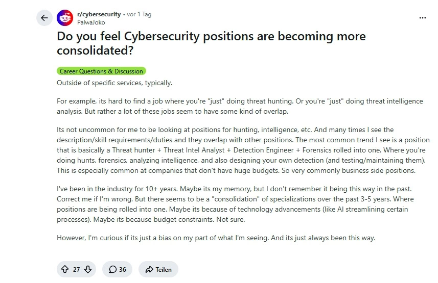 Trend im IT-Arbeitsmarkt: Warum Cyber-Security-Rollen immer mehr verschmelzen 1 Bildschirmfoto 9 9 2026 101317 www.reddit.com 1