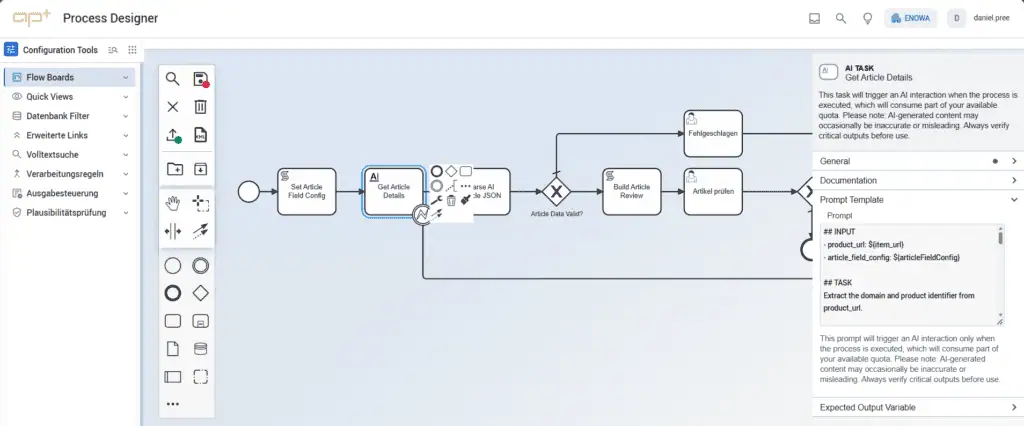 Mit APplus 10 wird das ERP zum aktiven Partner seiner User 1 applus-10-Flow Prozess mit AI Task und menschlicher Prüfung (Bildquelle: Asseco Solutions)